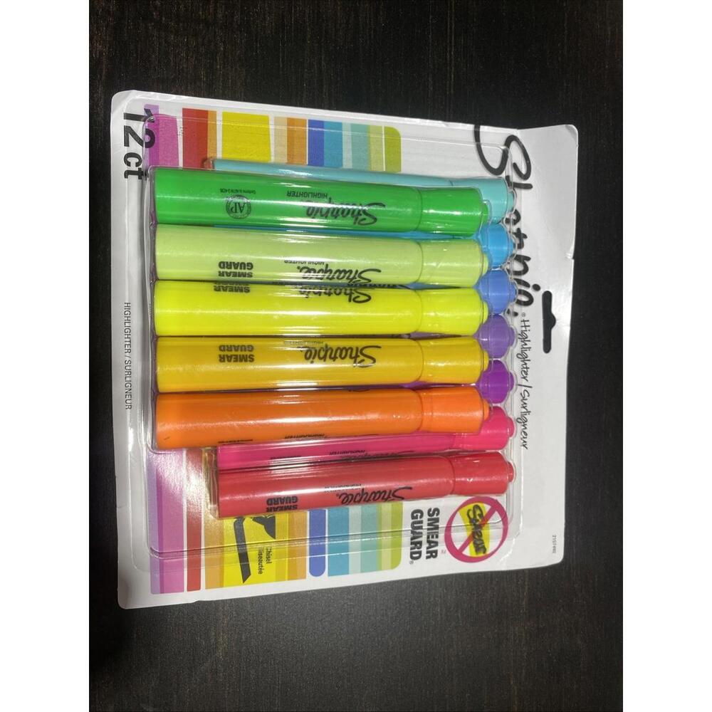 Sharpie Highlighters w/ Smear Guard 12 Pack Assorted Colors Chisel Tip # 25145